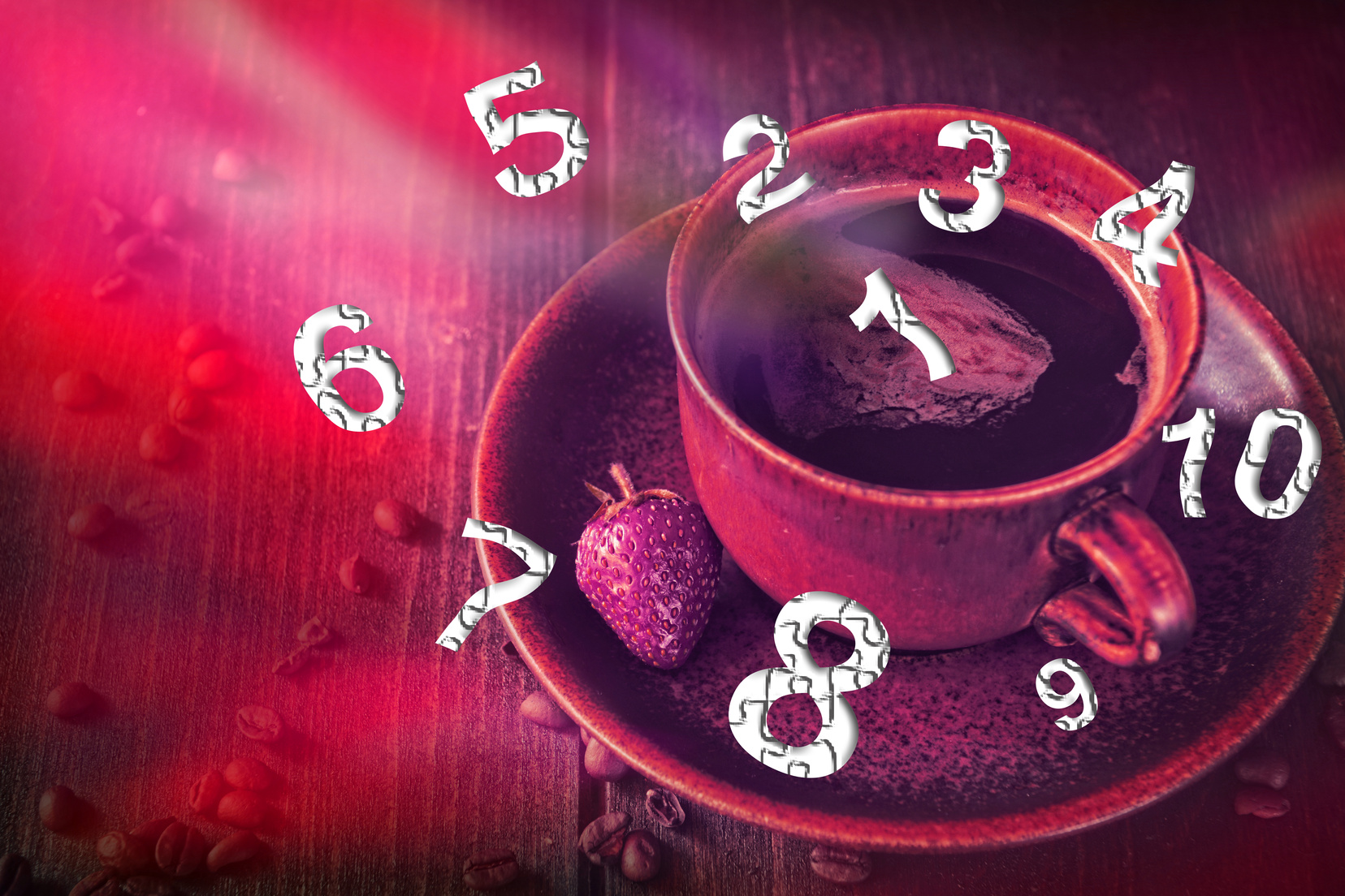 Numbers fly out of a coffee cup, numerology